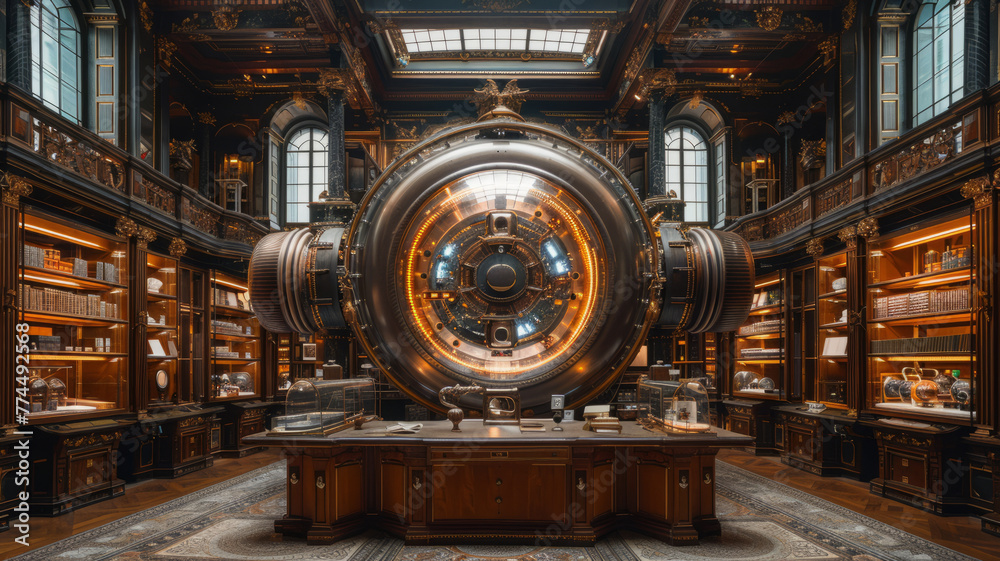 science lab in a classical museum with a big central coil with electricity,generative ai