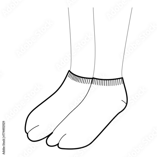 Thong Socks Tabi hosiery Invisible, low cut, length. Fashion accessory clothing technical illustration stocking. Vector 3-4 view for Men, women style, flat template CAD mockup sketch outline on white