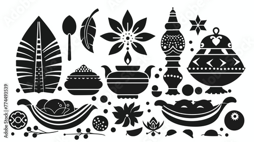 Ugadi indian elements in black and white flat carto