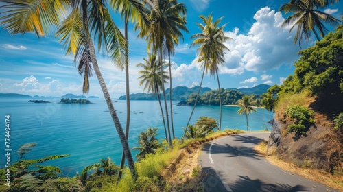 Beautiful beaches road and coconut trees in Thailand. © chanidapa
