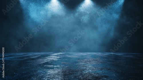 Dark street, wet asphalt, reflections of rays in the water. Abstract dark blue background, smoke, smog.