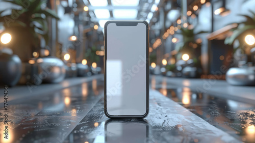 levitating blank screen mobile phone mockup with black blank screen, white studio background