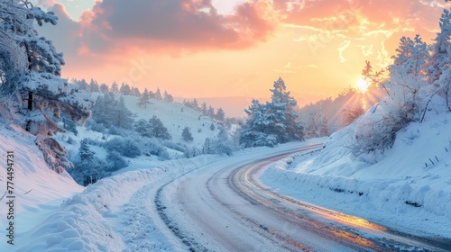 Snowy and frozen mountain road in winter landscape. Uludag National Park photo