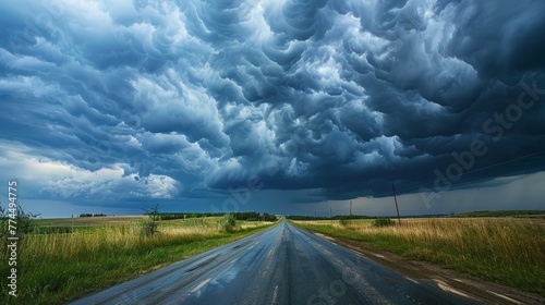 Storm clouds above asphalt road, side view. Landscape in rainy day