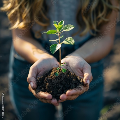 Close-up of a young woman's hands holding a thriving sapling