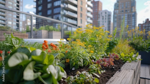 Explore this cutting-edge rooftop garden, showcasing a diverse array of edible plants, championing sustainability in urban environments. © Nawarit