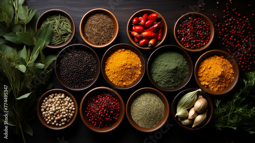 spices and herbs on a black background