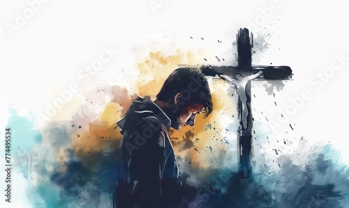 Christian man praying in front of a cross in a watercolor style. Digital watercolor painting