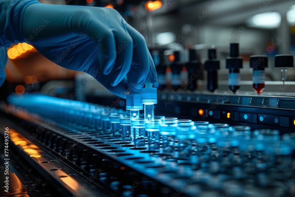 Fototapeta premium Scientist hand placing a test tube in a laboratory rack