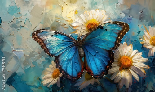 Colorful blue tropical morpho butterfly on delicate daisy flowers painted with oil paint © Ibad