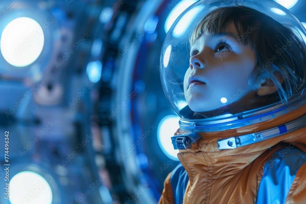 Child dressed as an astronaut against the backdrop of a spaceship Child dressed as an astronaut against the backdrop of a spaceship