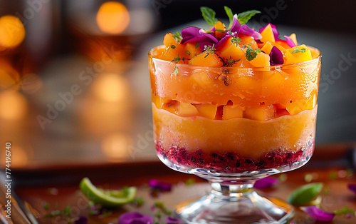 A colorful and vibrant sunset Sorbet Delight fruit in an elegant glass, garnished with fresh berries against the backdrop of a stunning sunset over the ocean