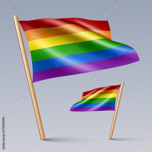Vector illustration of two 3D LGBT flag icons with wooden sticks, isolated on grey background. Created using gradient meshes, EPS 10 vector