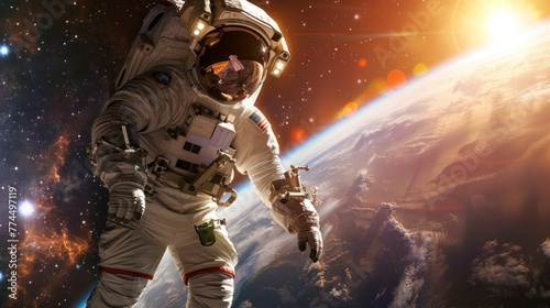 astronaut floating in space with the sun in the background and the earth in high resolution and quality