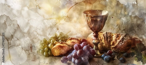 Eucharistic symbols. Lord's supper symbols chalice of wine, bread on a table. Digital watercolor painting © Ibad