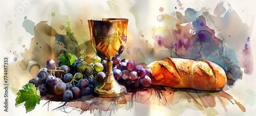 Eucharistic symbols. Lord's supper symbols chalice of wine, bread on a table. Digital watercolor painting photo
