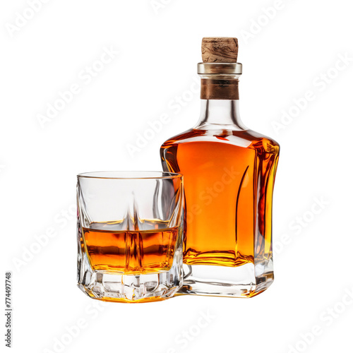 Bottle and glass of whiskey drink isolated on white background cutout
