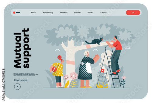 Mutual Support: Rescue cat from tree -modern flat vector concept illustration of elderly woman and man on a ladder under the tree Metaphor of voluntary, collaborative exchanges of resource, services