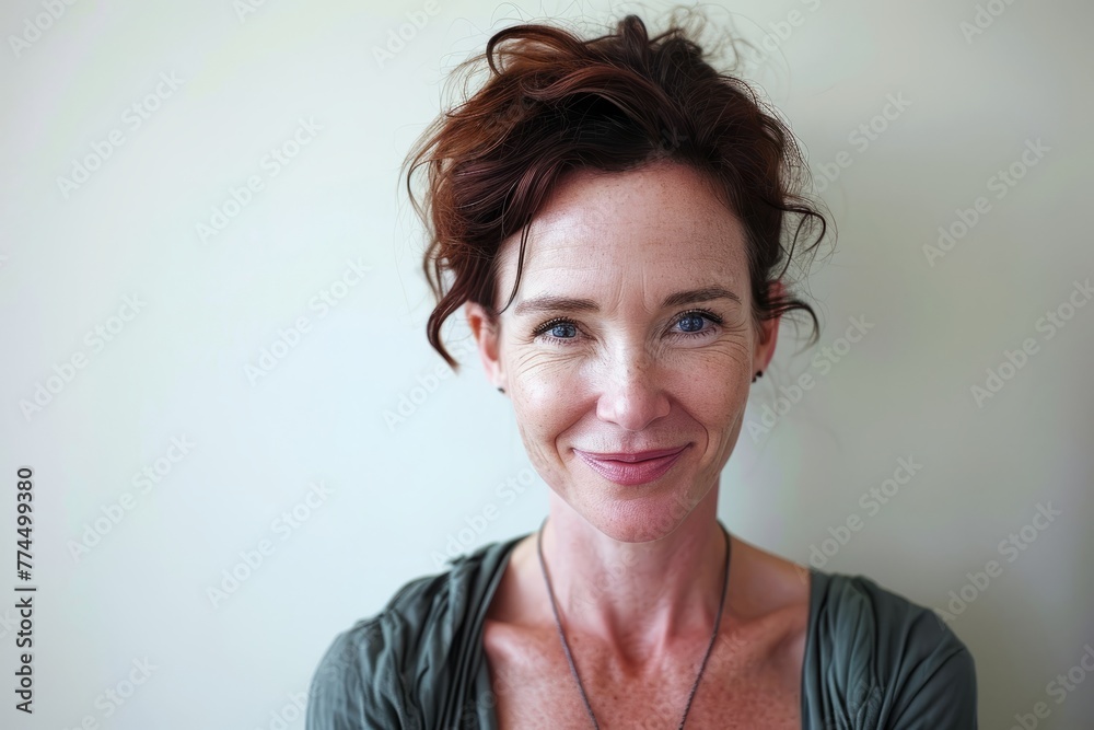 Portrait of smiling middle aged woman with short hair looking at camera Portrait of smiling middle aged woman with short hair looking at camera