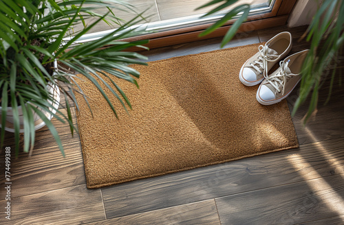 Blank Welcome Mat and Pair of Shoes At Front Door of House. Generative AI.