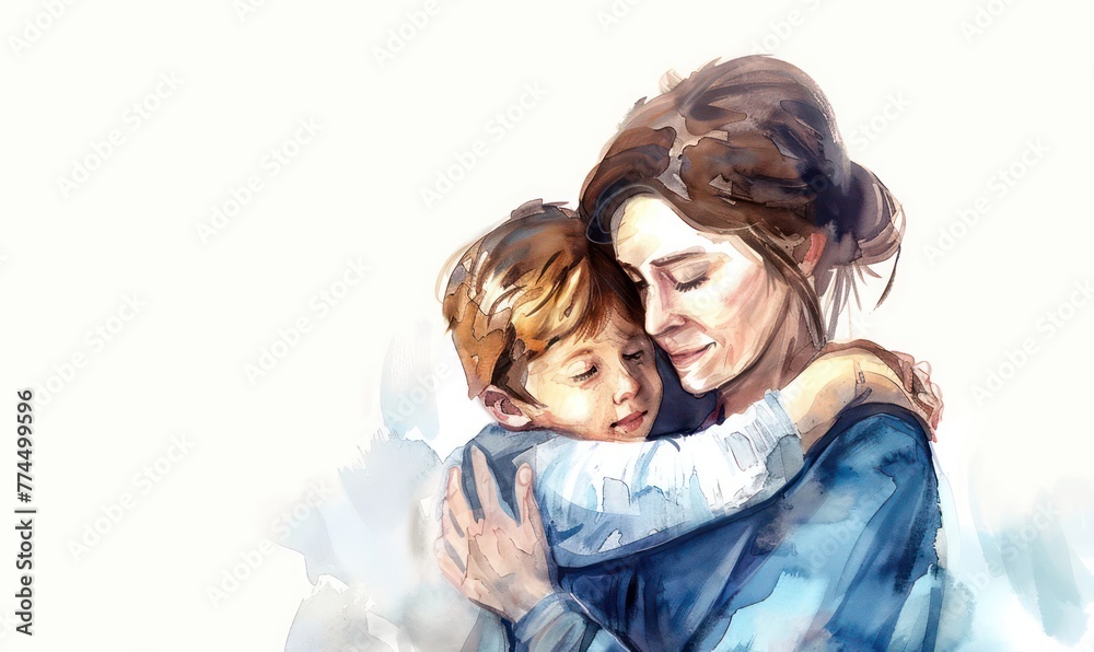 Watercolor illustration of a mother and son hugging each other on a white background