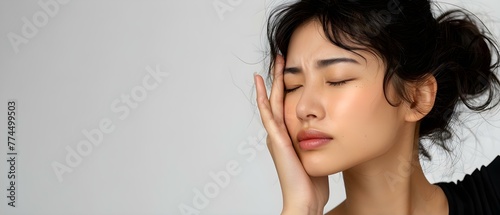 Asian woman experiencing trigeminal neuralgia and touching her cheek on white background. Concept Health, Medical Condition, Trigeminal Neuralgia, Pain Management, Support System photo