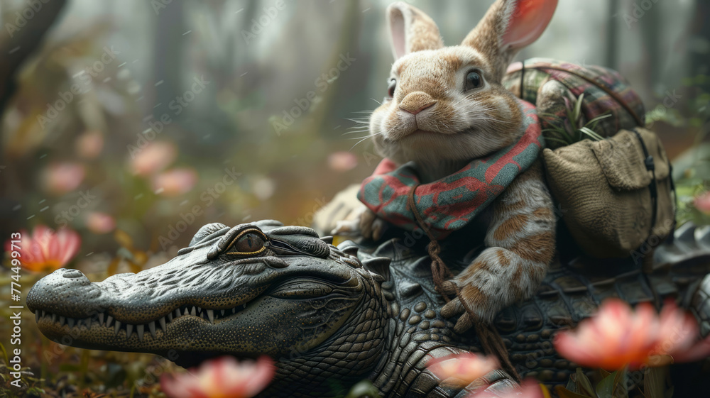 Obraz premium bunny riding an alligator.generative ai