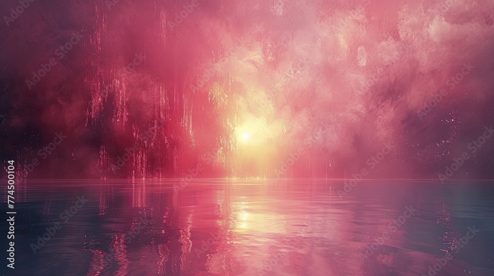 Abstract portrayal of a resurrection scene with digital ascension lights, on a dawn pink background, concept for rebirth and ascension in the age of information.