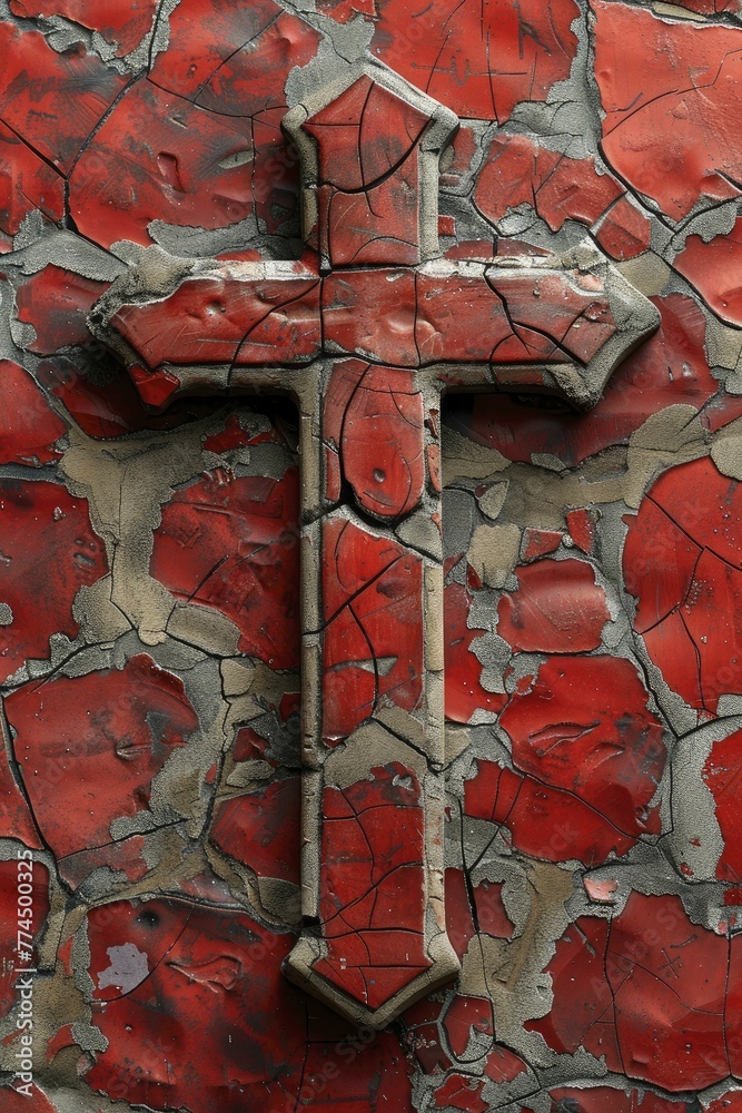 Cross against a pattern of ancient Sumerian cuneiform, clay red ...