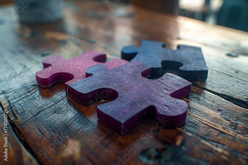 three purple, pink, grey puzzle pieces on desk, generative ai photo