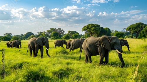 Majestic Herd of Elephants Roaming the Serene Grasslands of Tarangire National Park photo