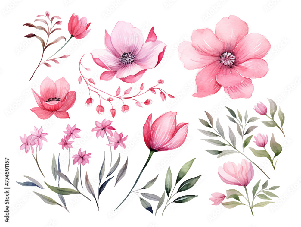 A set of flowers painted in watercolor on a white background, including pink flower and green leaves