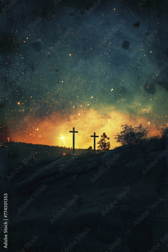 The serene image of three crosses at dusk, accompanied by a lone shining star, represents a pathway to financial stability.