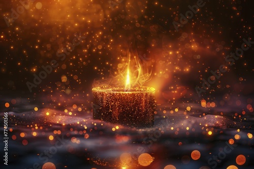 Minimalist design of a candle flame flickering with digital particles, on a dark orange background, concept for the light of faith guiding through digital darkness.