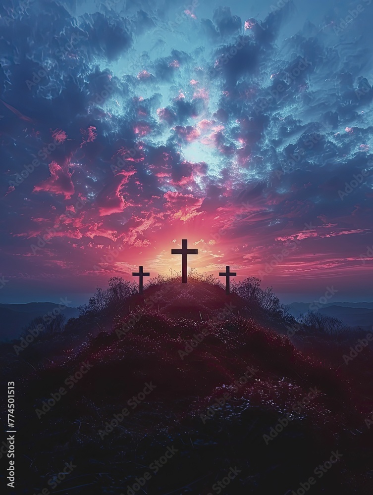 Minimalistic scene of a hill with crosses, under a gradient sky, hope and perseverance in savings.