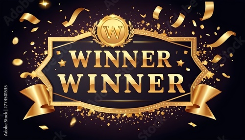 Winner banner. Win congratulations vintage frame, golden congratulating framed sign with gold confetti. Winners lottery game jackpot prize logo vector background illustration photo