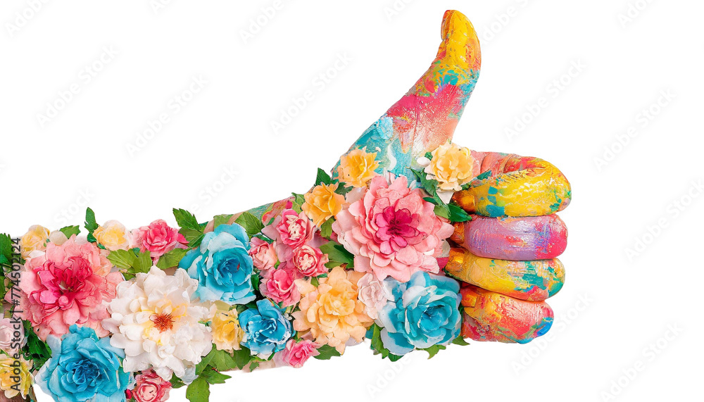 A  fun decorated hand giving the thumbs up symbol, covered in flowers and floral painting. 