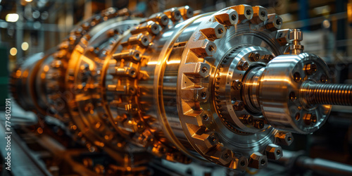 professional photo of large crome industrial gas compressor with a lot of gears inside,generative ai © Suralai