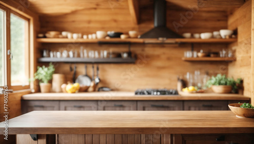 Wooden countertop of a cabin with an unfocused kitchen in the background. kitchen utensils. Cozy home.