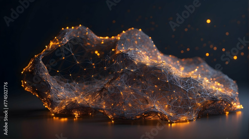 Ethereal digital image of a dynamic mesh network structure aglow with sparks, symbolizing connectivity, data, and innovation in the digital age