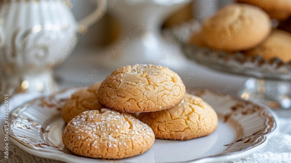 Traditional Sardinian amaretti biscuits on an elegant plate with tea setting in the background Traditional Sardinian amaretti biscuits on an elegant plate with tea setting in the background