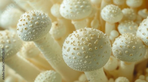 A of emerging fungal fruiting bodies each one a pure white globe bursting with potential for growth and expansion.