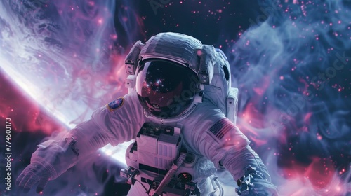 astronaut lost in space in a colorful nebula distorting space floating in high resolution