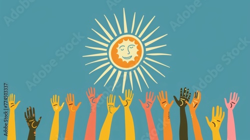 A set of diverse hands holding up a sunshaped symbol representing the collective effort and unity in utilizing renewable energy. . .
