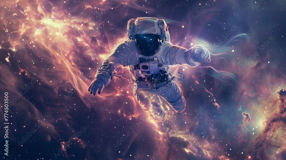 astronaut lost in space in a colorful nebula distorting space floating in high resolution and high quality HD - obrazy, fototapety, plakaty 