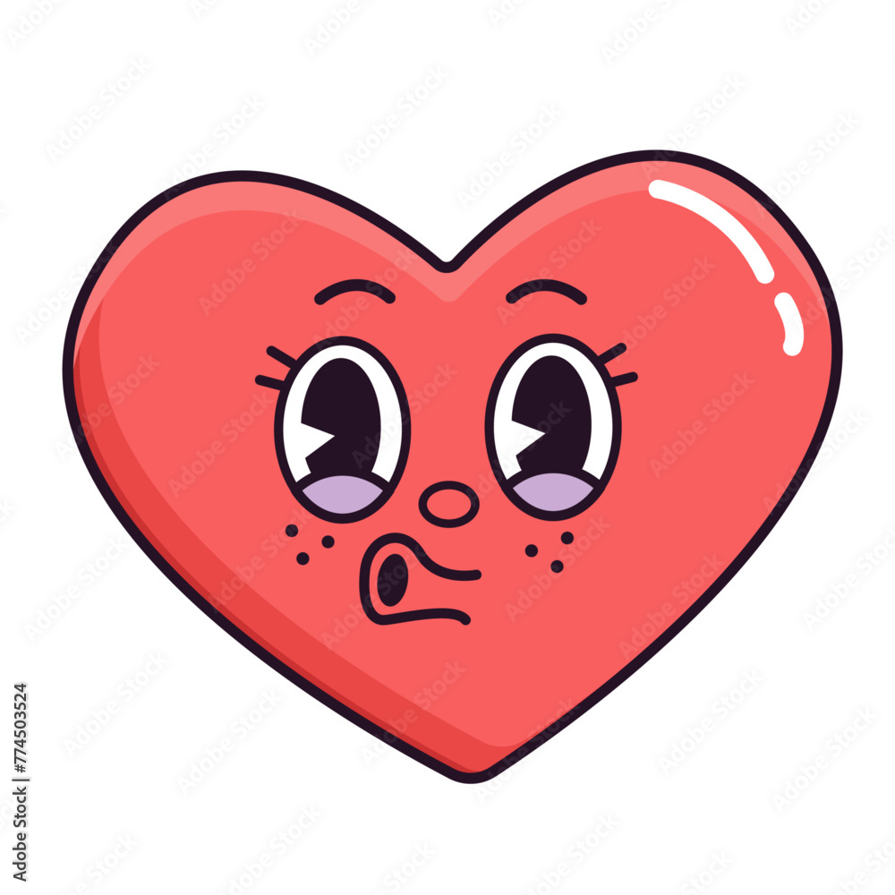 Groovy cute sticker happy joyful face heart screaming woohoo for Valentine's day. Vector illustration in trendy retro vintage style Groovy cute sticker happy joyful face heart screaming woohoo for Valentine's day. Vector illustration in trendy retro vintage style
