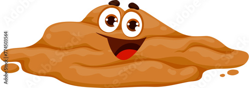 Cartoon poop emoji, funny poo excrement character, happy toilet shit emoticon. Isolated vector cheerful watery turd personage with smiling face, playful eyes and sticky smell convey sense of amusement photo