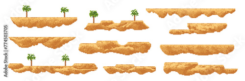 8 bit arcade pixel art game palm, sand dunes and oasis platforms, vector UI environment assets. Retro 2d video game floating jump platforms, exotic beach islands and desert blocks with tropical trees