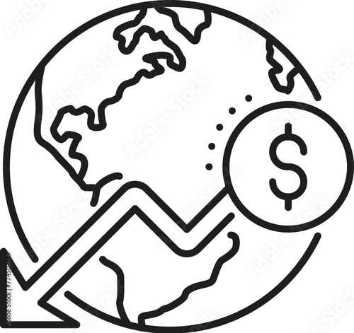Global economic crisis and downturn line icon. Company crisis gander, economy money loss or financial bankruptcy problem linear vector pictogram with globe, dollar currency sign and down arrow