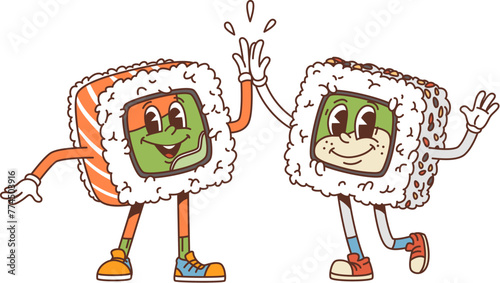 Cartoon japanese rolls couple groovy characters gleefully give each other high five. Two vibrant vector japan food or asian seafood personages with happy faces showing delightful moment of friendship